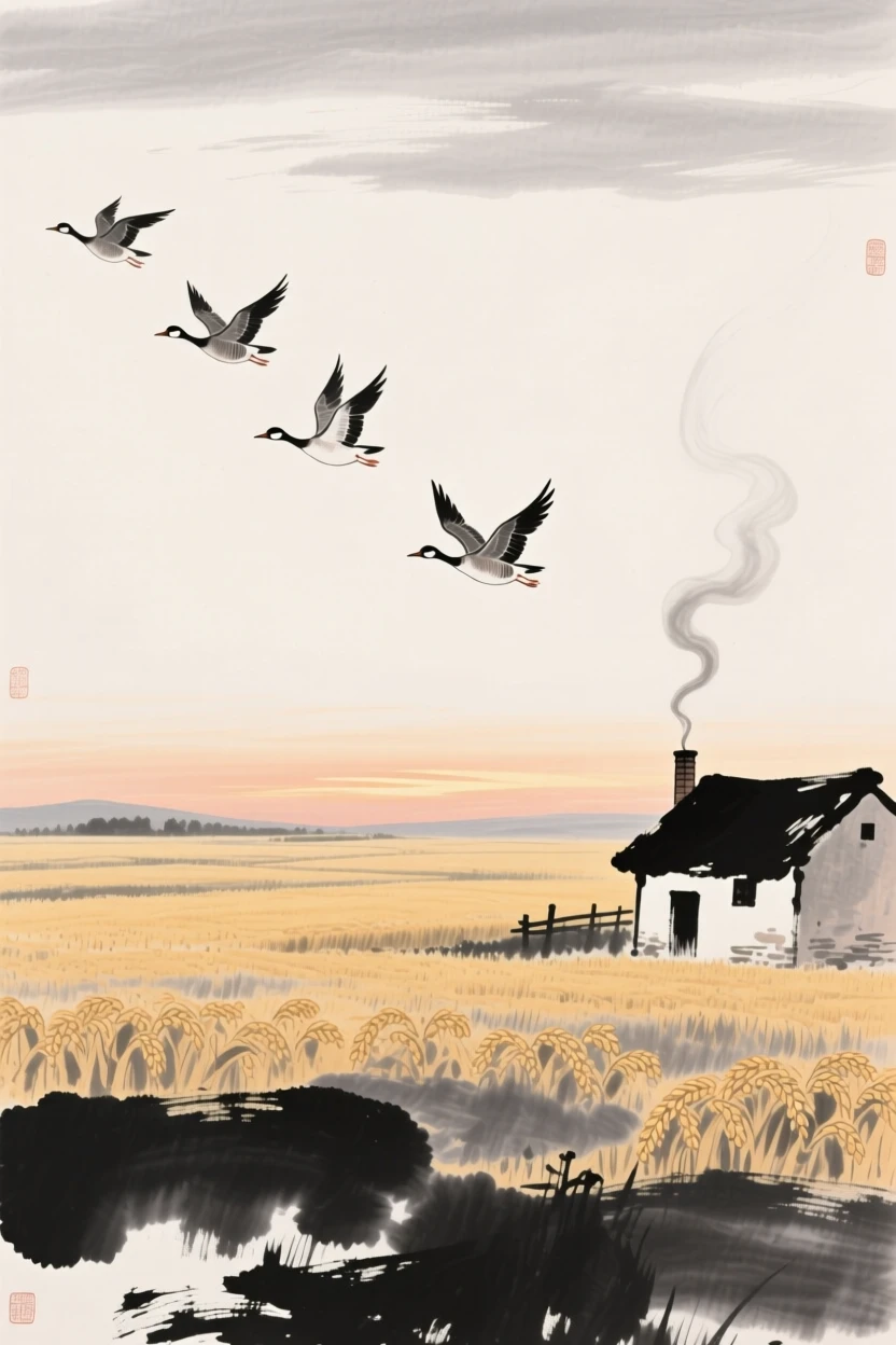 Wild geese fly south above fields turning golden with the harvest, with smoke rising gently from a nearby farmhouse.