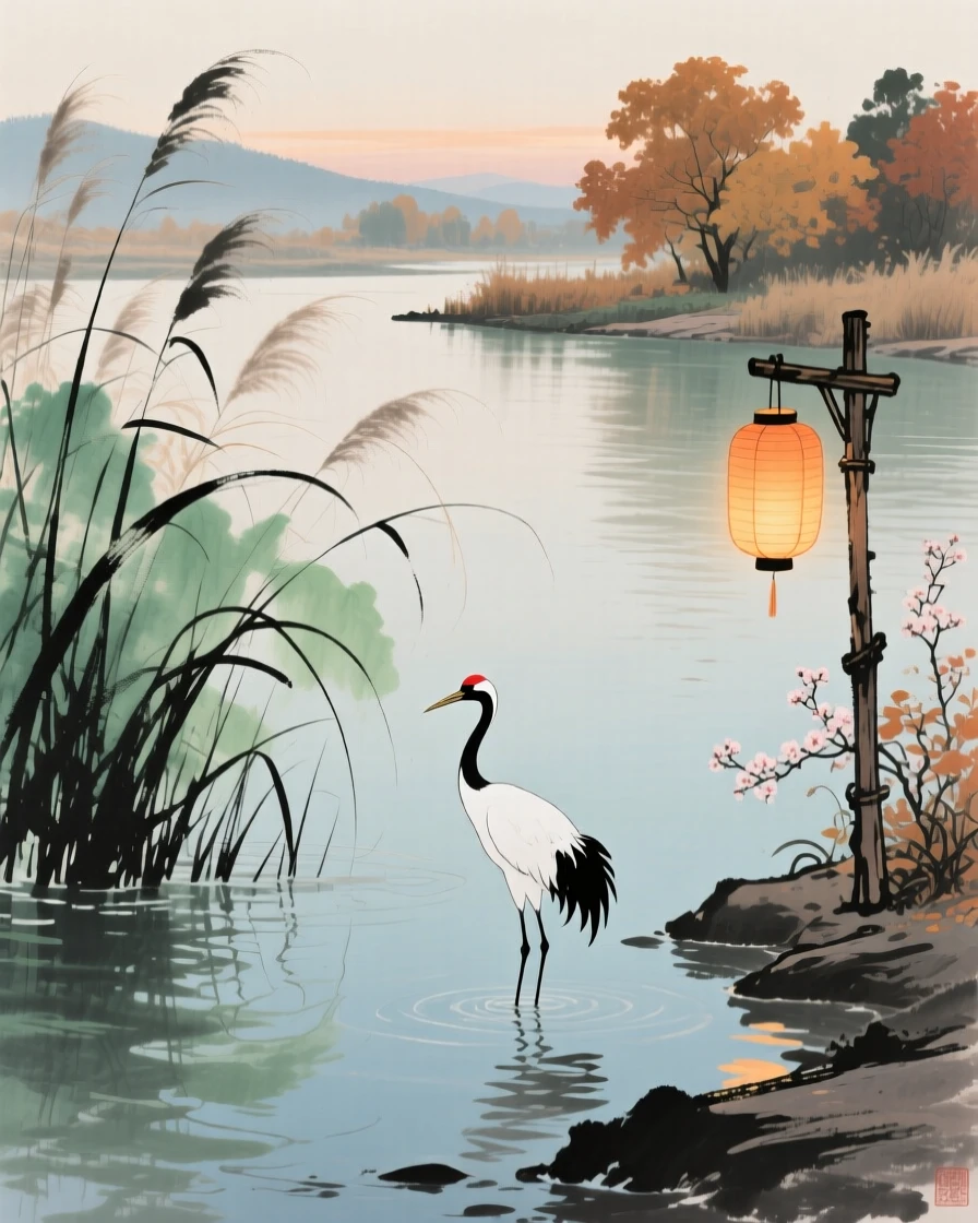 A peaceful riverside dotted with reed beds, with a solitary crane standing motionless in the shallows, as lanterns are lit for the evening, in late autumn, in a warm breeze carrying the scent of blossoms.