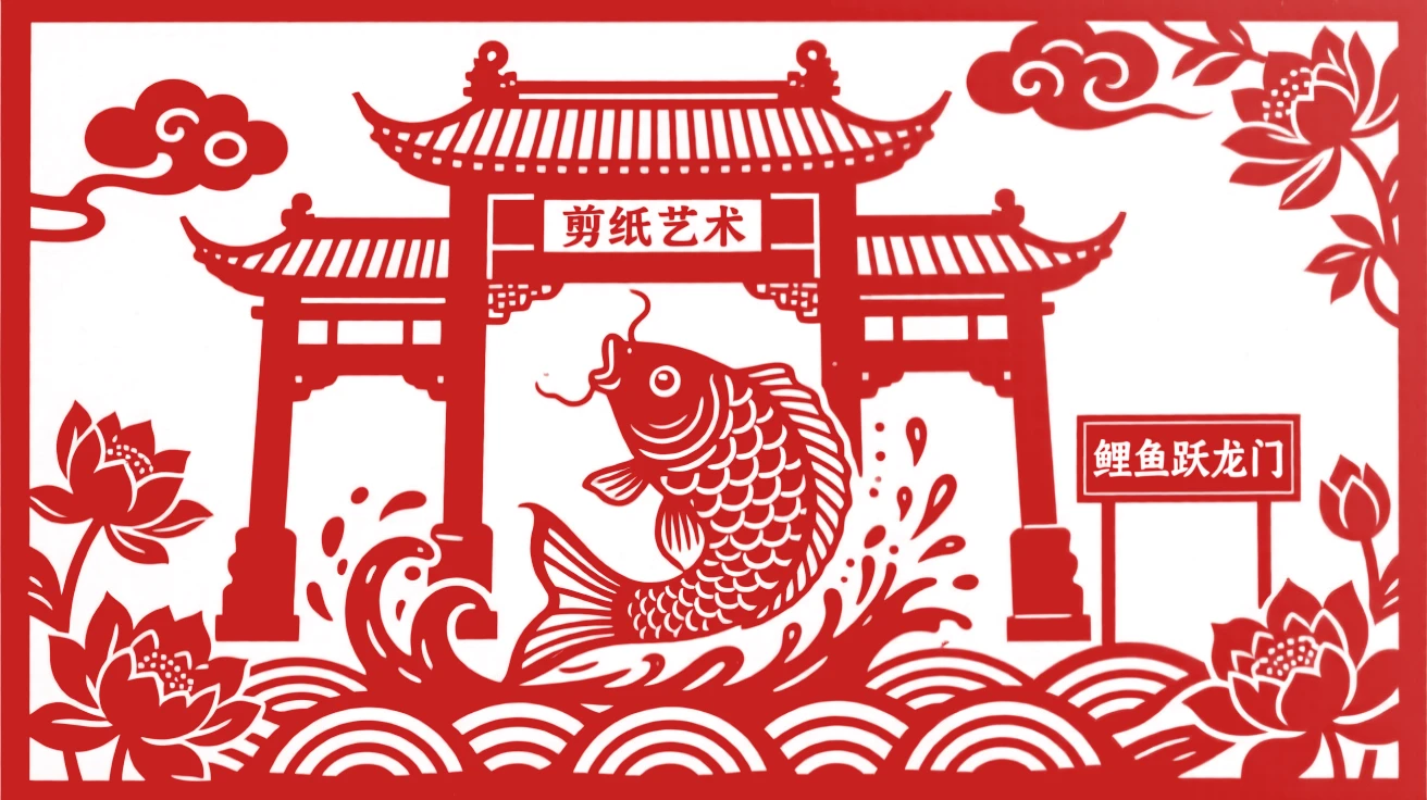A carp leaping over the Dragon Gate amid splashing water, symbolizing success and advancement
