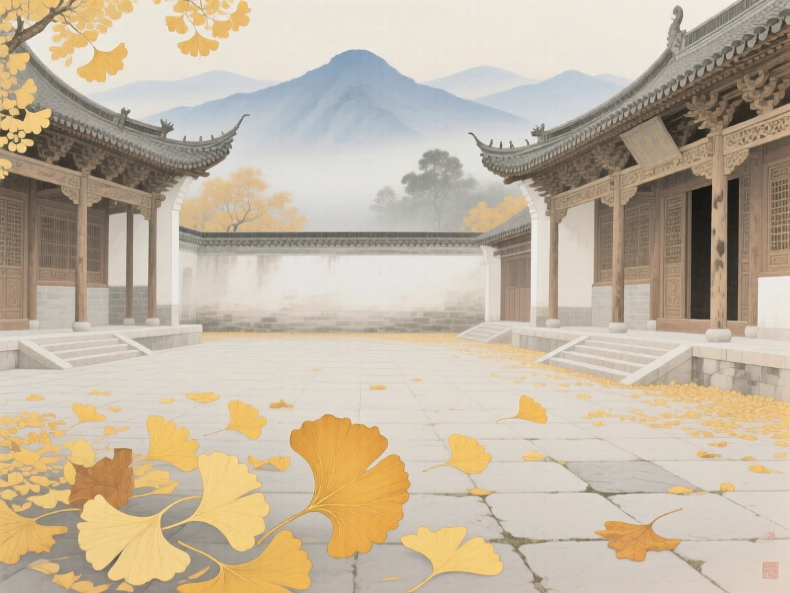 Golden ginkgo leaves scattered across a temple courtyard in autumn, with distant mountains fading into soft mist