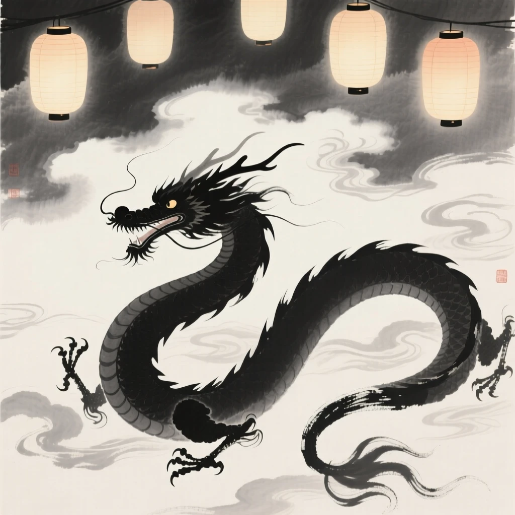 A serpentine dragon coiling through drifting clouds beneath a canopy of glowing lanterns, composed with sweeping, dynamic movement across the frame, evoking wonder, myth, and quiet reverence.