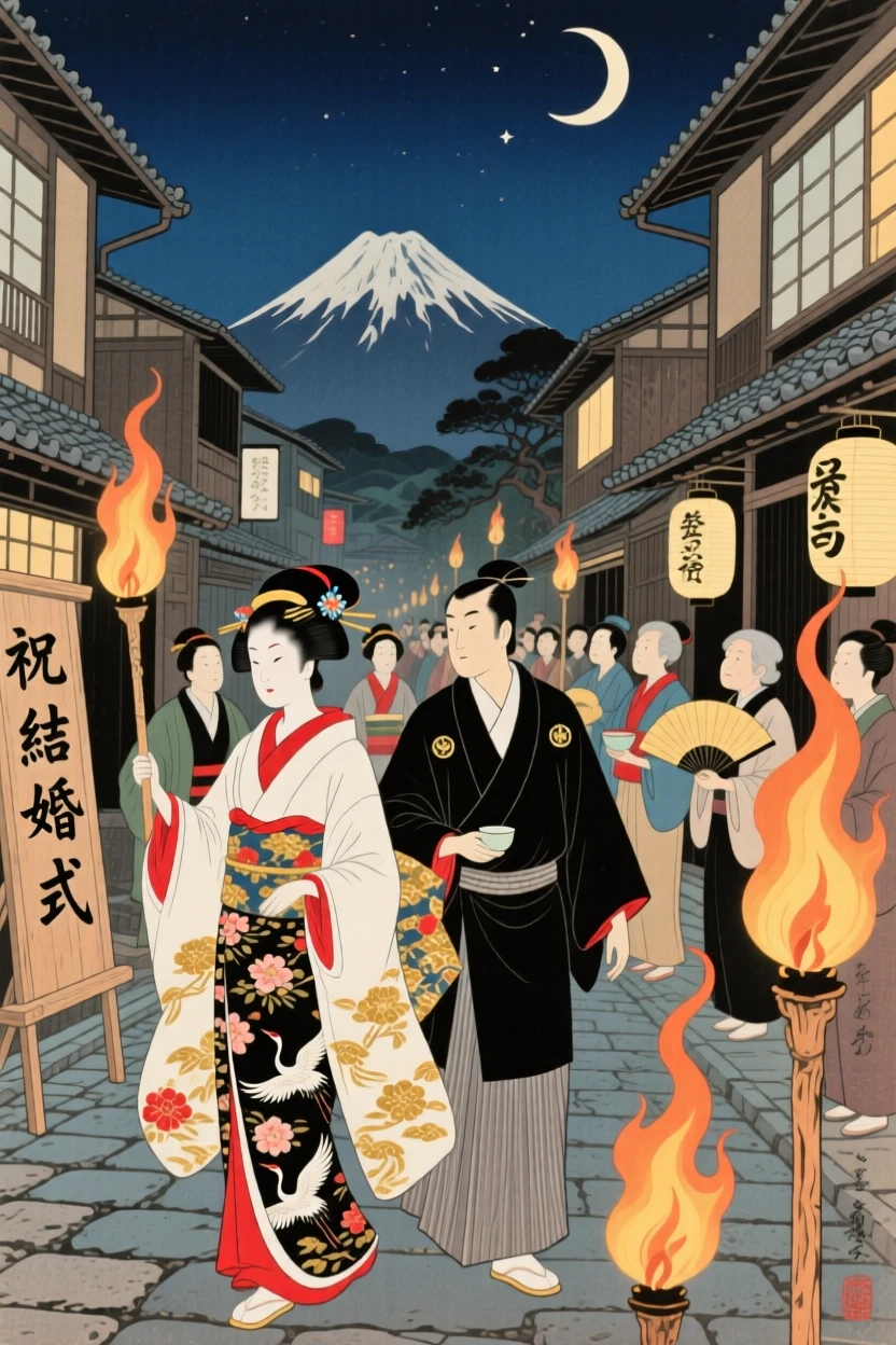 A wedding procession moving slowly through a torch-lit street.