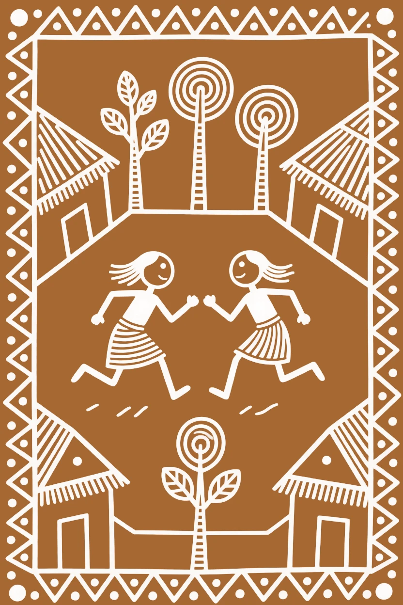 Twin sisters chasing each other around a courtyard.