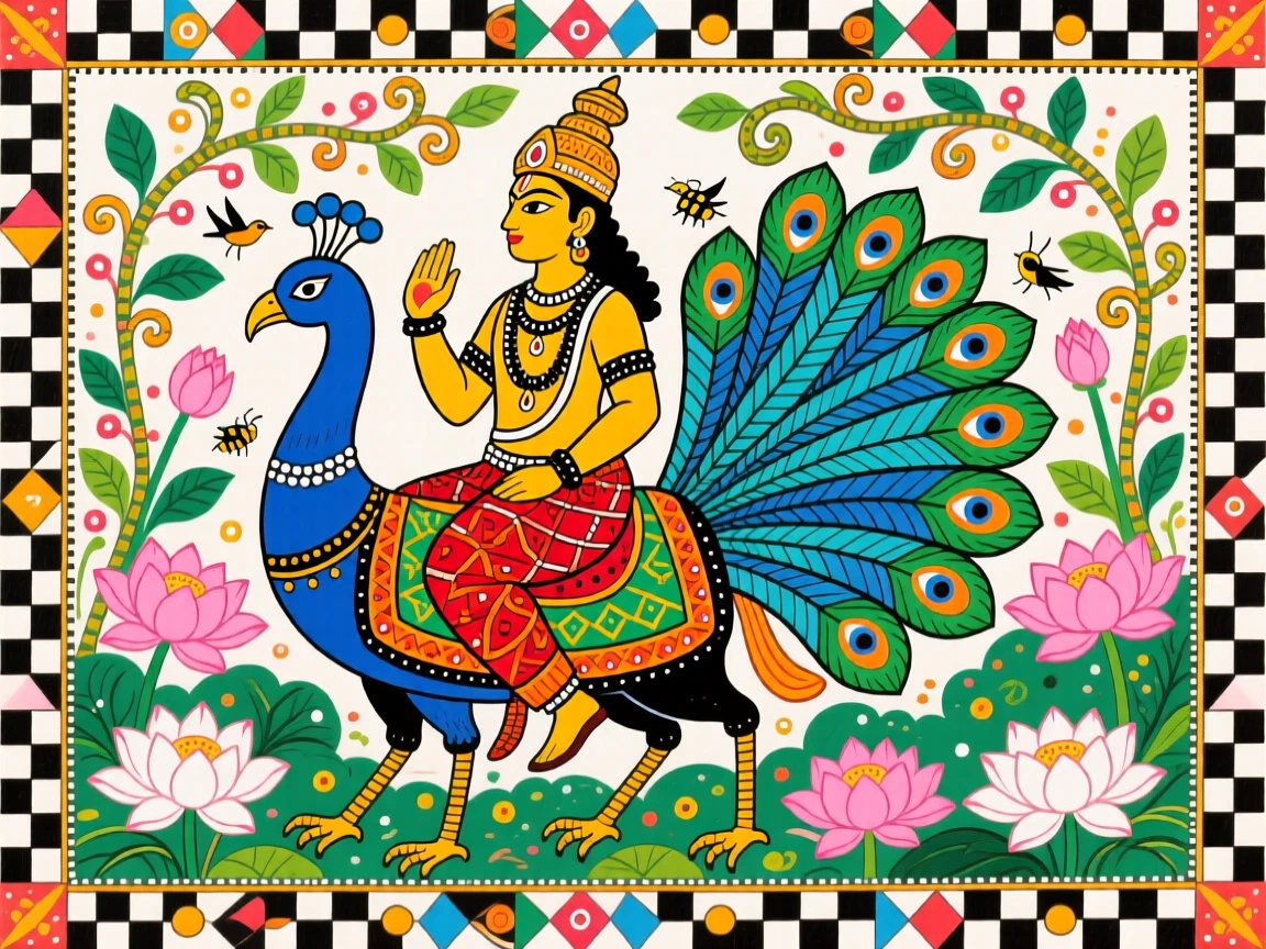 Kartikeya riding his peacock through a garden of blooming lotus.