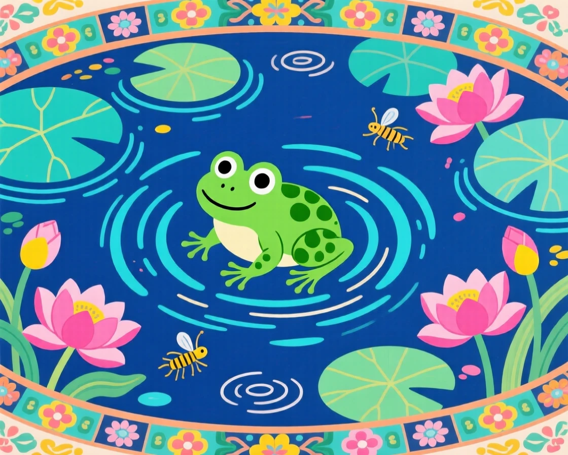 A small green frog swimming in slow circles in a still garden pond.