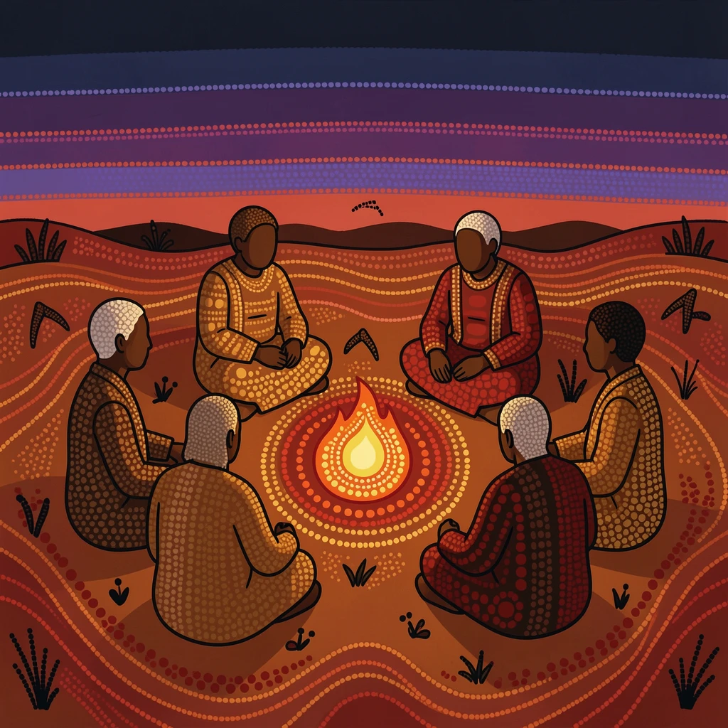 Elders sharing stories around a fire at dusk at sunset