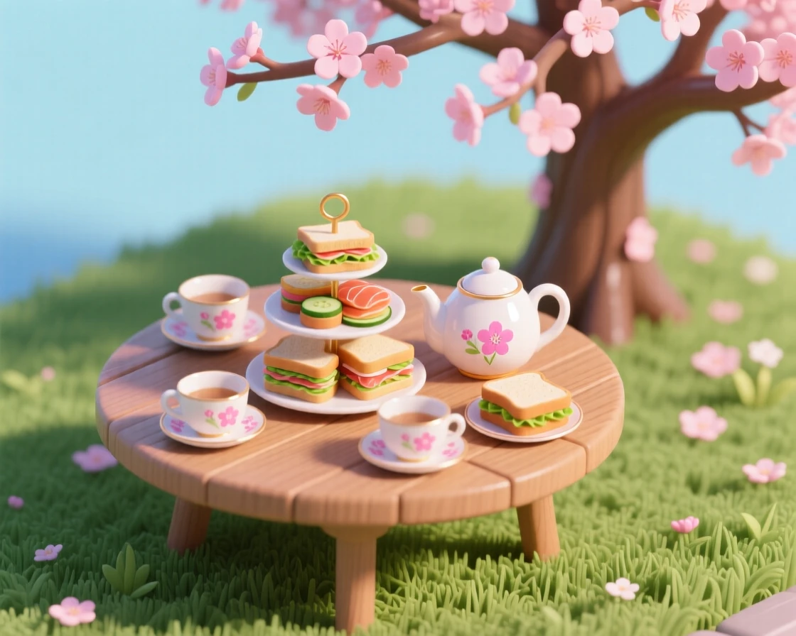 A spring garden tea party with floral teacups, finger sandwiches, and a table set beneath a blossoming tree.