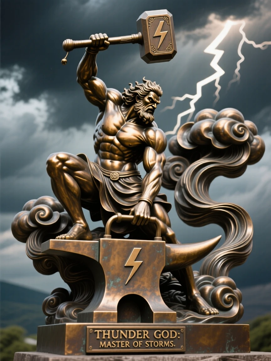 A legendary thunder god striking his hammer upon an anvil of clouds, captured in a powerful, dynamic pose, radiating awe and grandeur