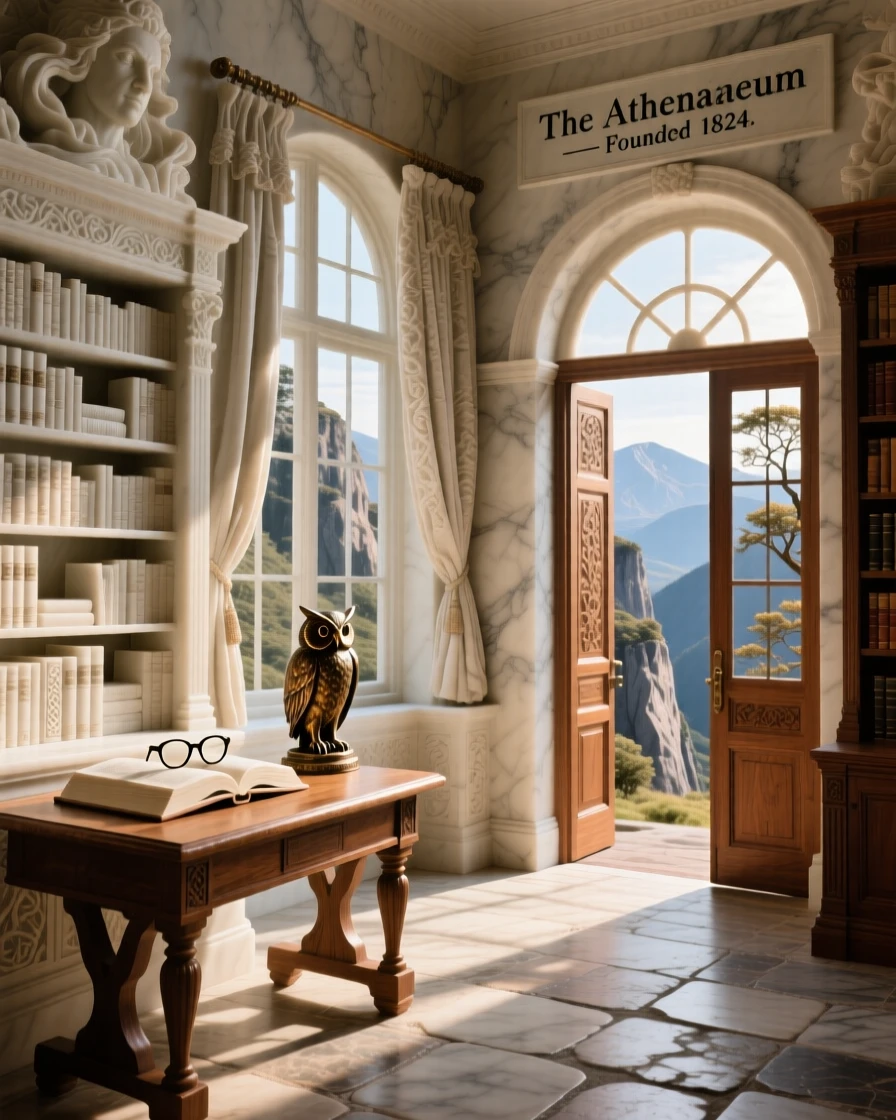 A vivid, emotionally rich scene of an old bookstore filled with warm afternoon light, framed by dramatic natural scenery, designed to captivate and inspire
