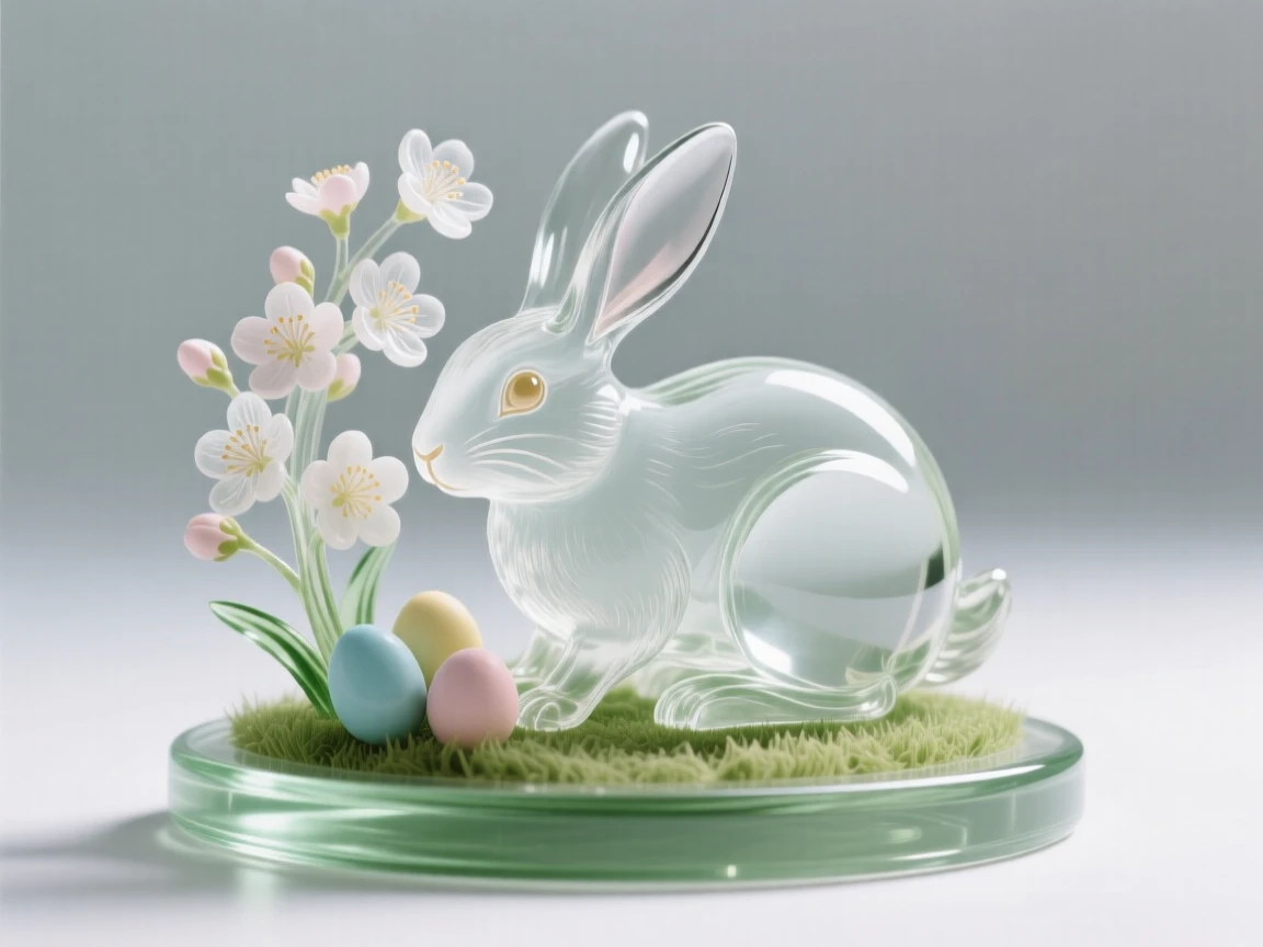 A rabbit hiding painted eggs among spring blossoms beneath a sky filled with gently falling snow, while children's laughter rings out across the yard
