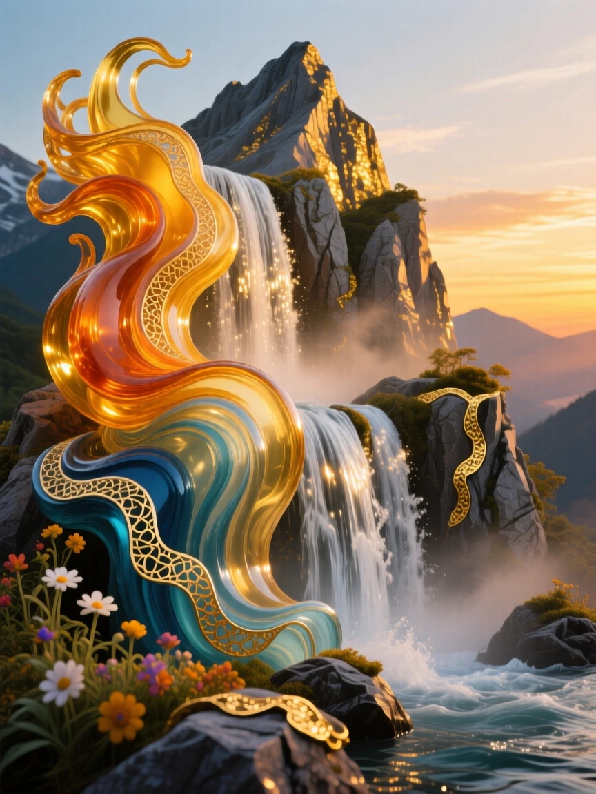 A grand mountain waterfall glowing golden in the last light of day, majestic and warm.