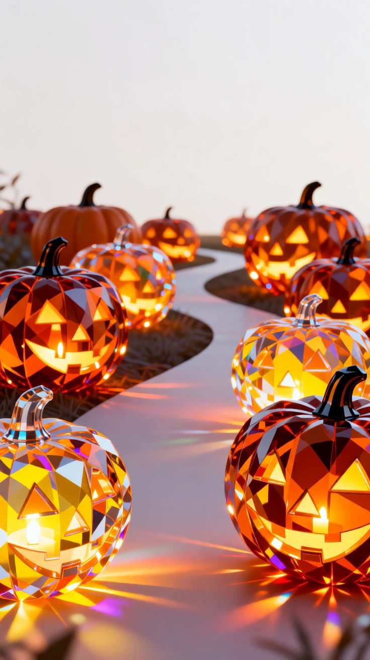 A festive Halloween pumpkin patch at dusk with glowing jack-o'-lanterns lining a path.