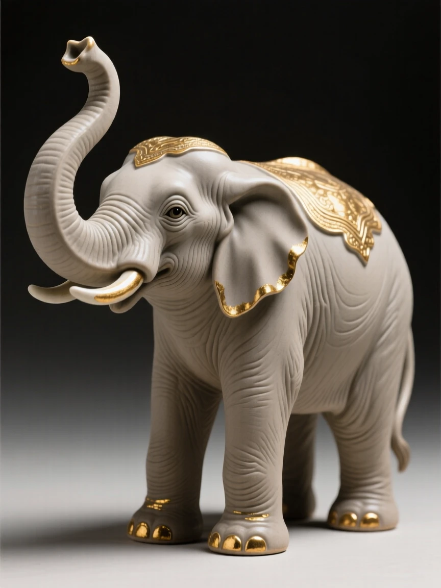 An ornamental elephant with an upraised trunk for luck standing as an elegant focal point, accented by tasteful gilded highlights, stirring a sense of understated opulence.