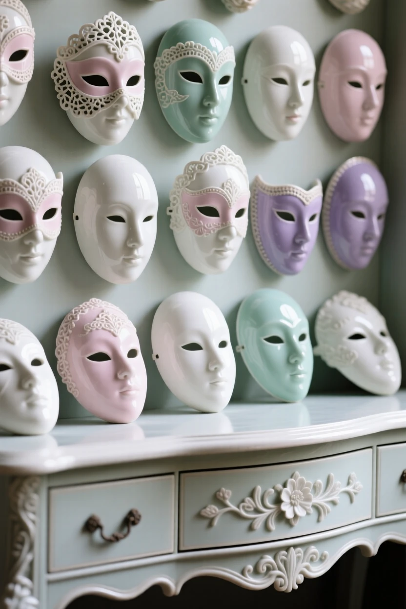 A collection of decorative masks arranged across an antique dresser, each piece catching the light differently.