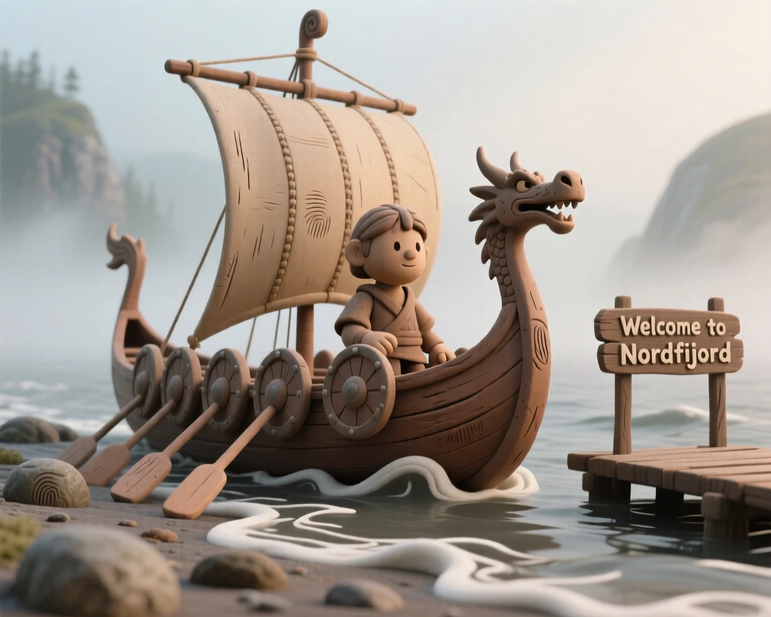 A traditional Viking longship resting on a foggy northern shore