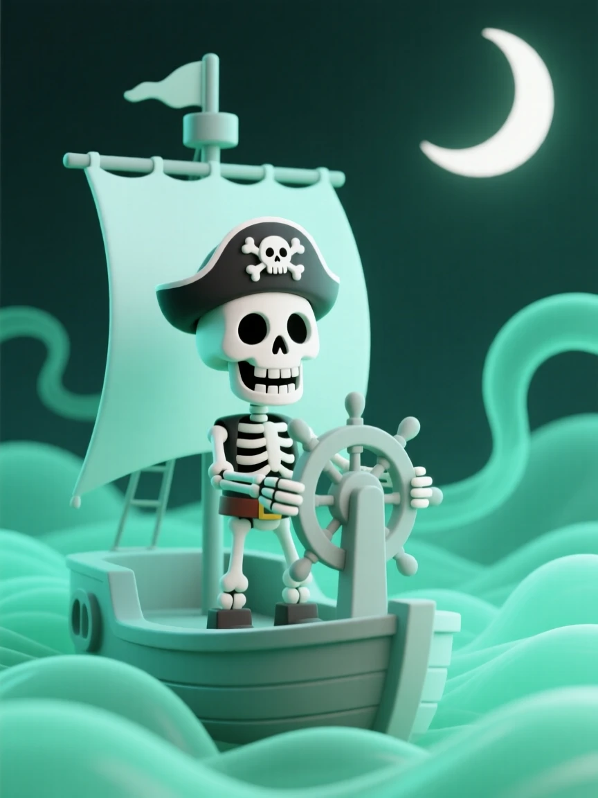 A cheerful skeleton pirate captain steers a ghostly ship through swirling emerald green fog beneath a crescent moon.