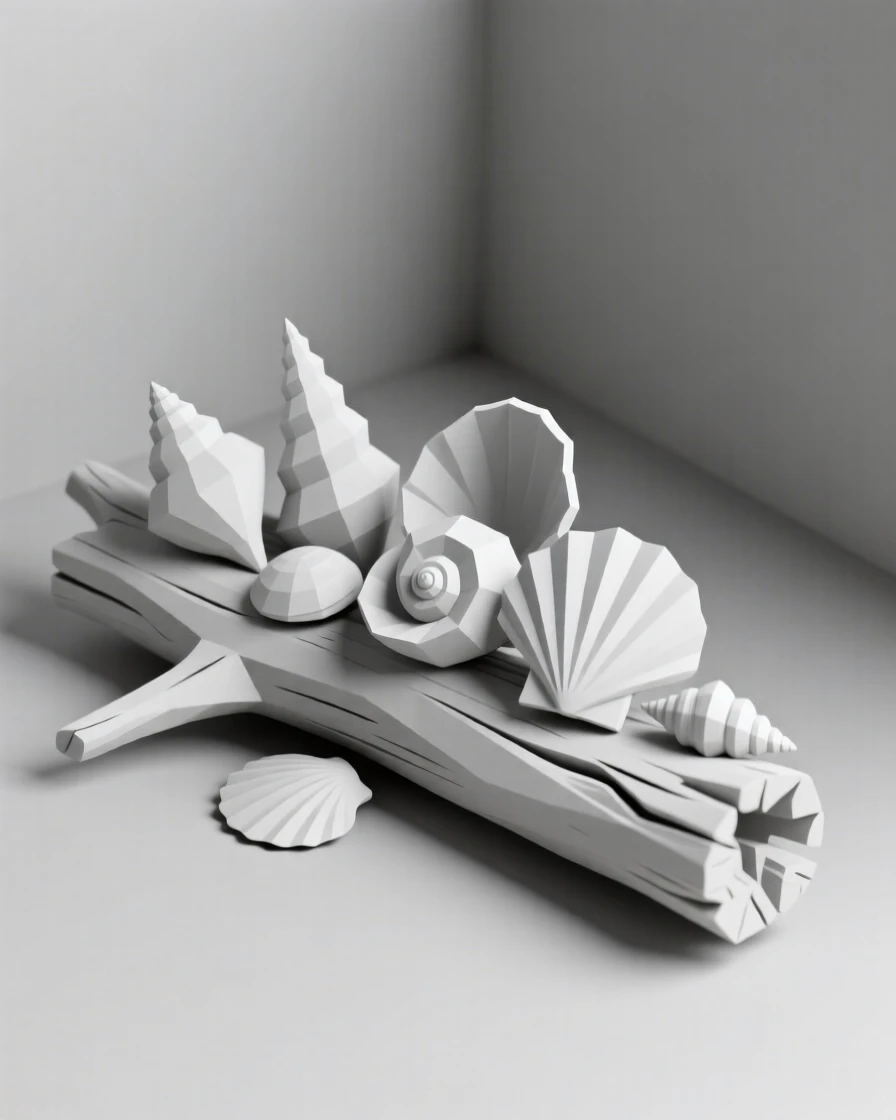 A collection of seashells arranged on driftwood, in a cozy, sunlit corner. a shallow depth of field isolates the main object. The atmosphere feels cozy and personal.