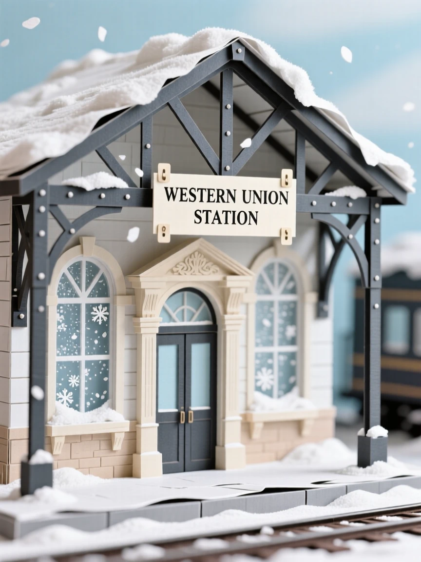 A historic iron-and-glass train station dusted with a light layer of fresh snow, with tall arched windows framing the view, capturing refined elegance and history.