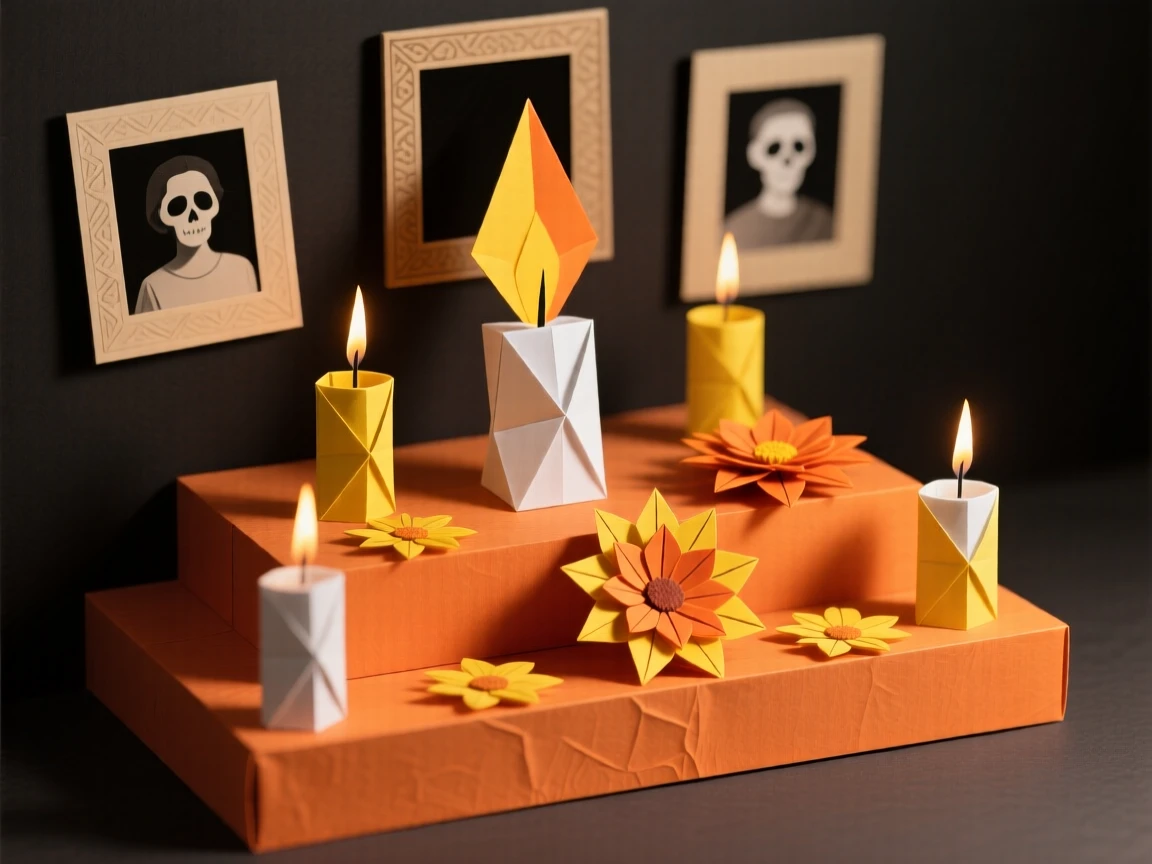 A Day of the Dead altar decorated with marigolds, candles, and framed photographs.