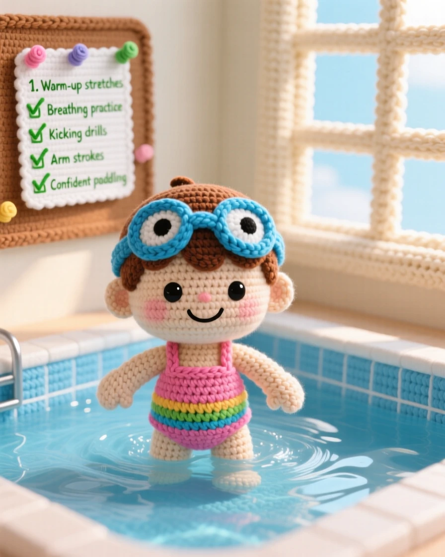 A cheerful scene of a small boy practicing swimming with bright goggles and a big smile, paddling confidently across a pool within a sunlit studio with large windows; a cheerful checklist pinned to a board nearby, full of focused determination and quiet pride.