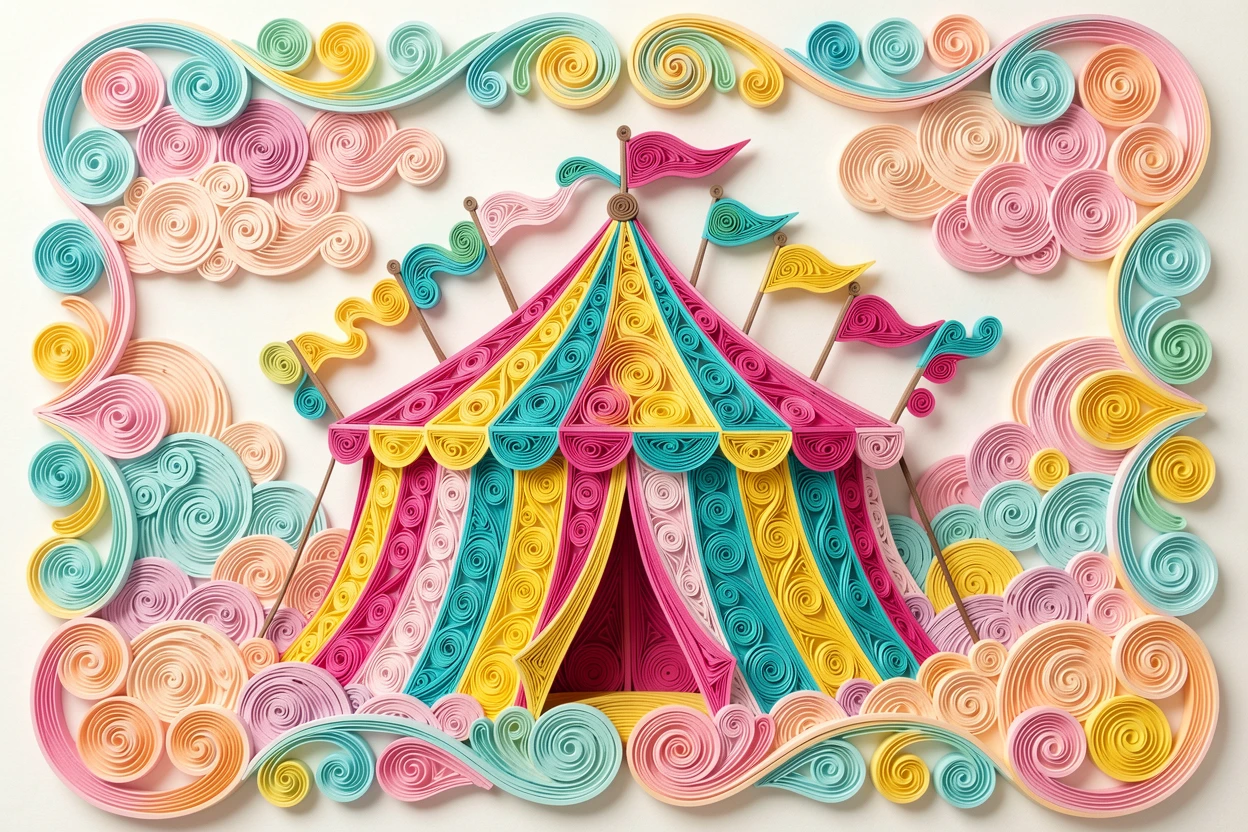 A whimsical children's scene of a circus tent with striped patterns and flags on top in a candy-colored dreamland, in bright candy colors of pink, turquoise, and yellow, framed with soft rounded borders like a picture book page.