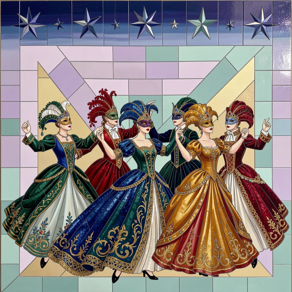 A Venetian masquerade ball with dancers in ornate masks and gowns.