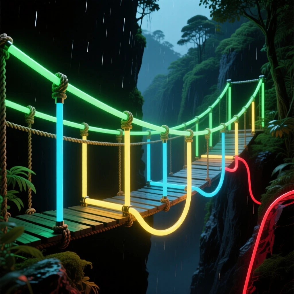 A rope bridge strung across a deep rainforest gorge.