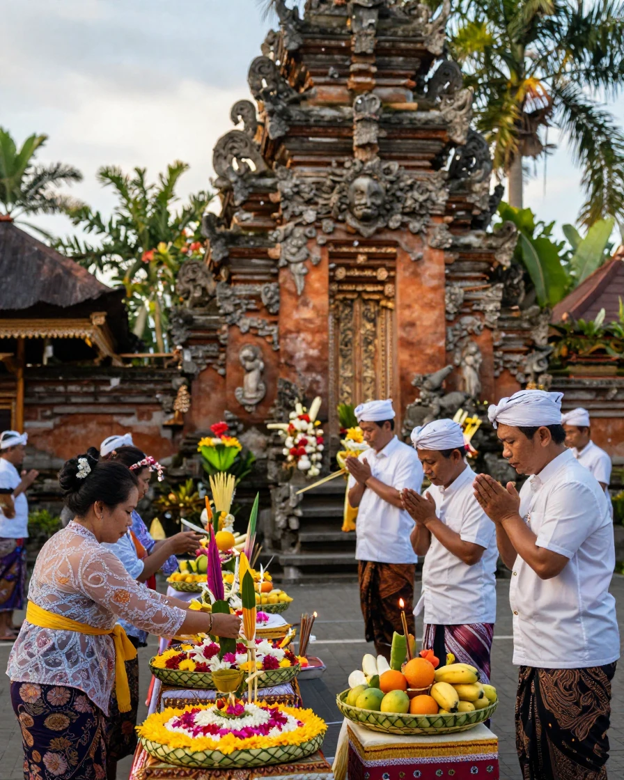 A Balinese temple ceremony with offerings of flowers and fruit