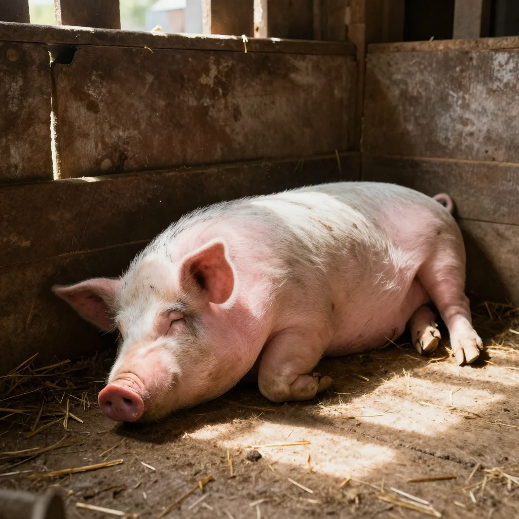 A pig naps contentedly in a patch of warm sunlight on a barn floor.