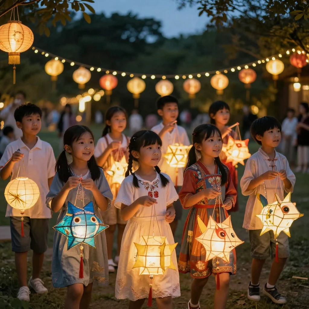 A group of children carrying lit lanterns during a Mid-Autumn Festival celebration