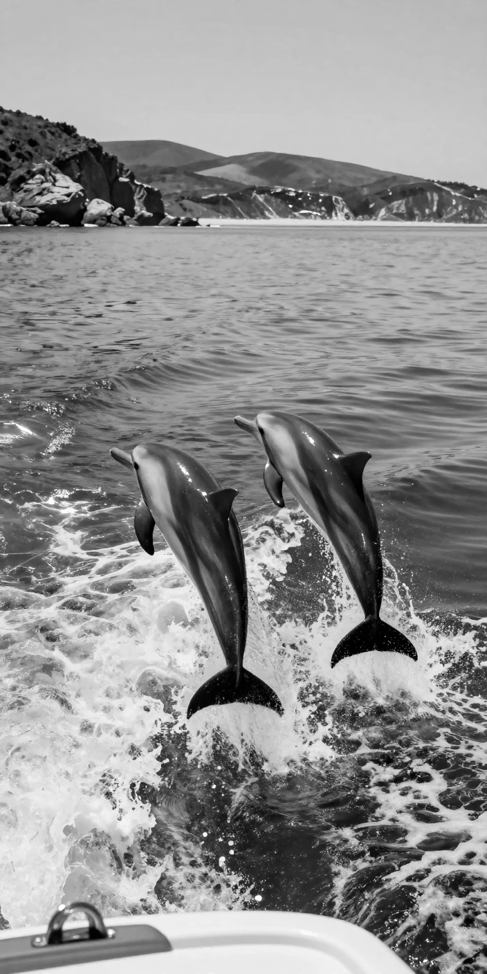 A pair of dolphins plays in a boat's wake off a sunny coastline.