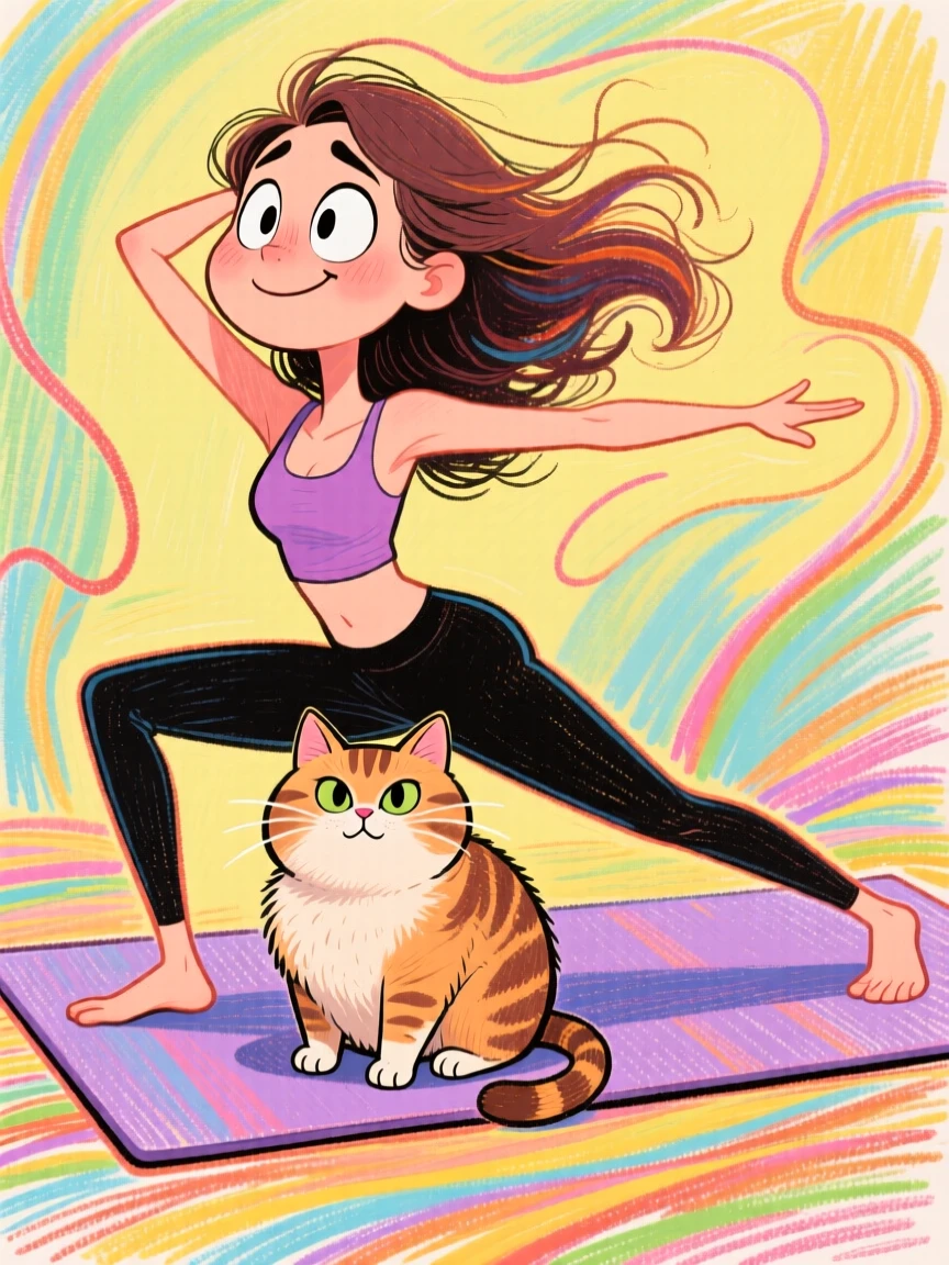 A woman practicing yoga while her cat insists on sitting directly on her mat.
