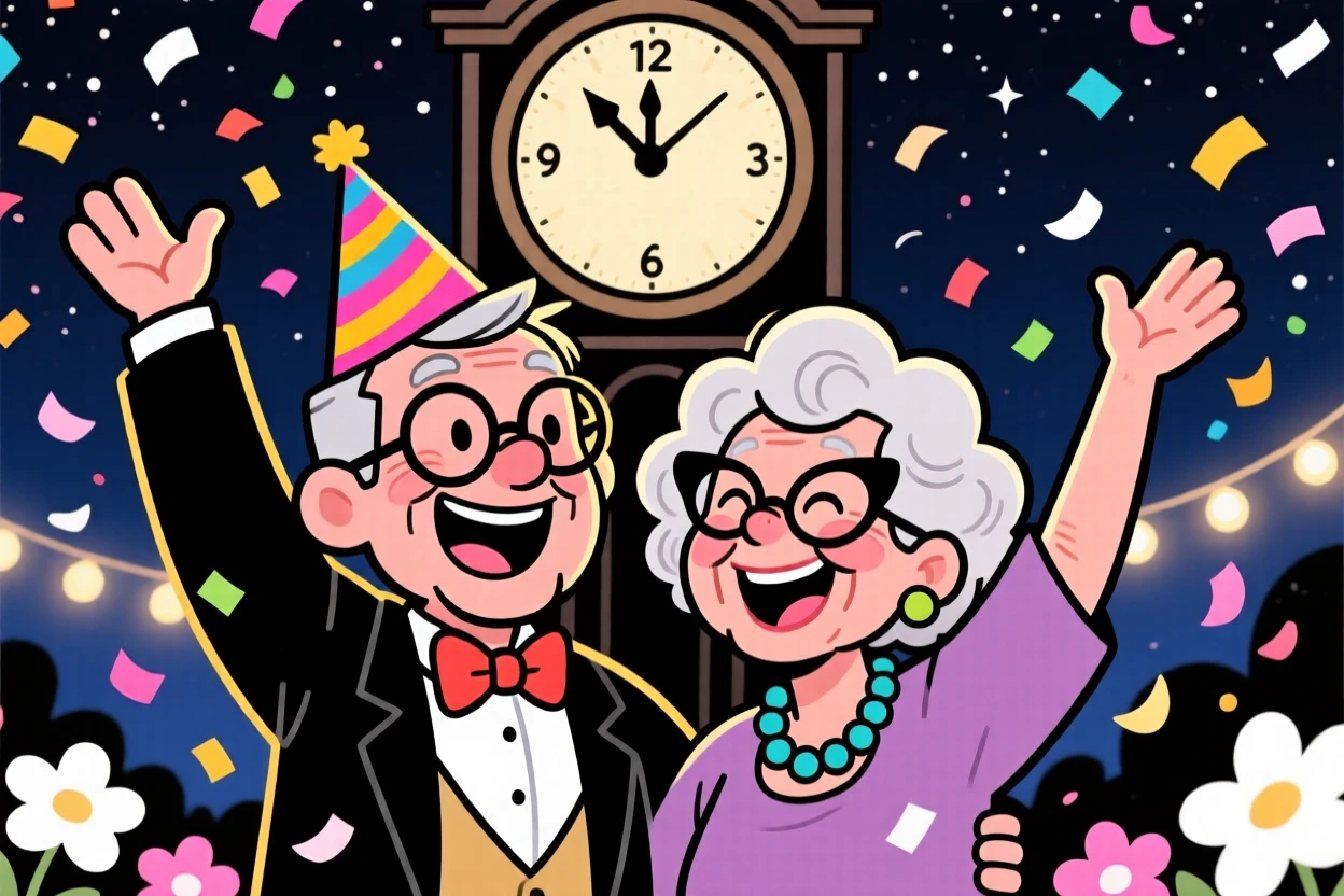 A festive celebration scene of an elderly couple throwing confetti in the air at midnight, as flower petals drift through the air.
