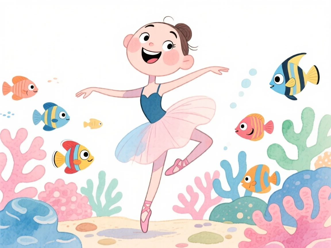 A ballet dancer exploring a coral reef surrounded by fish