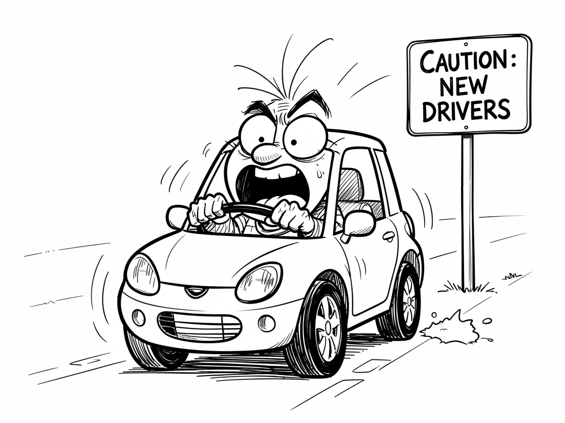 [Funny & Exaggerated Situations] Comical scene of a startled new driver overreacting to a minor mishap, exaggerated for maximum laughs