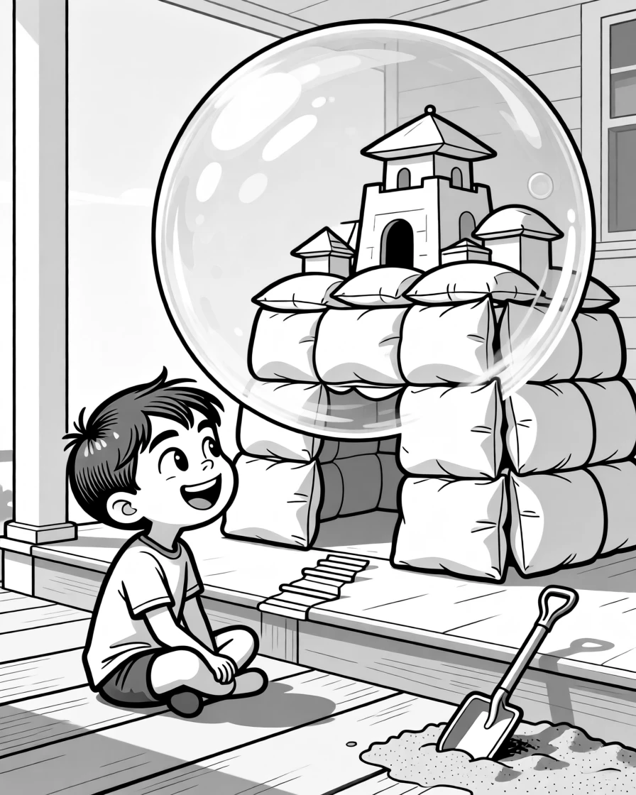 A child building an epic pillow fort fortress, watching cross-eyed as the bubble grows enormous, set on a sunny front porch. A plastic shovel lies abandoned in the sand. The scene captures the wild imagination only kids have.