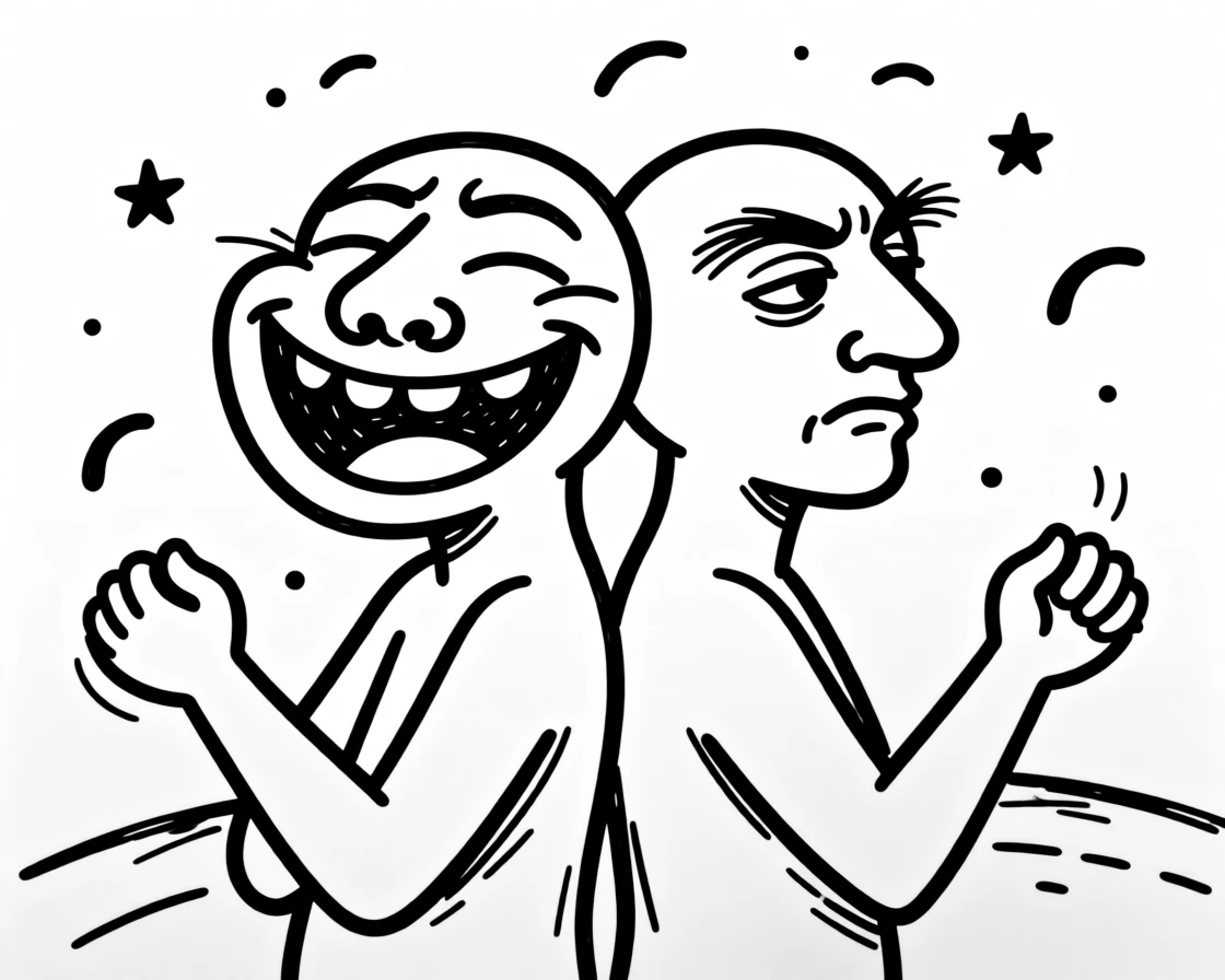A Gemini archetype: twin figures back to back, one laughing and one deep in thought, under a starry sky.