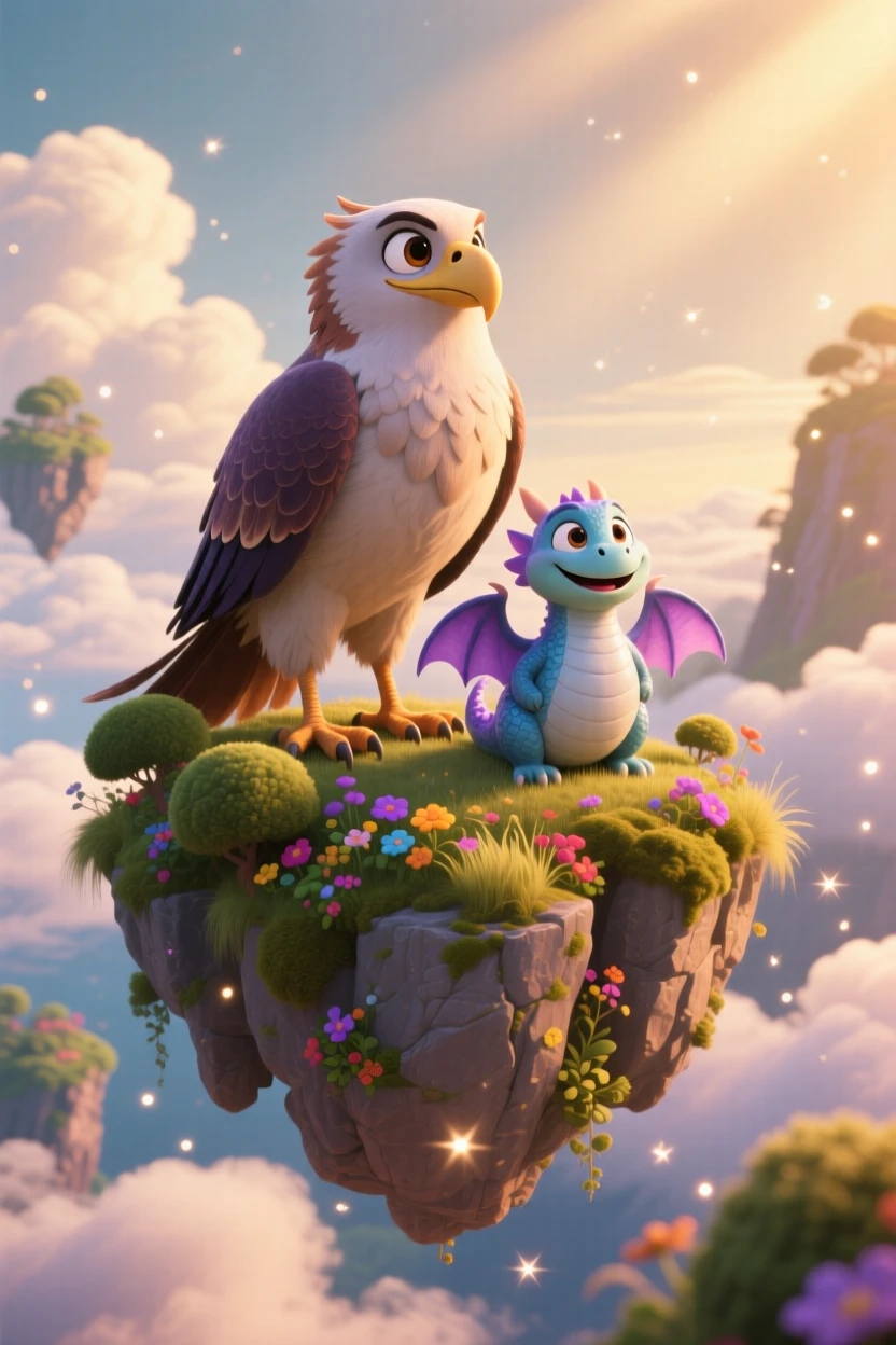 A griffin perched on a cliff stands atop a floating island surrounded by clouds, riding on the back of a friendly creature. A gentle sense of wonder radiates through the air, with tiny sparkles drifting through the air.