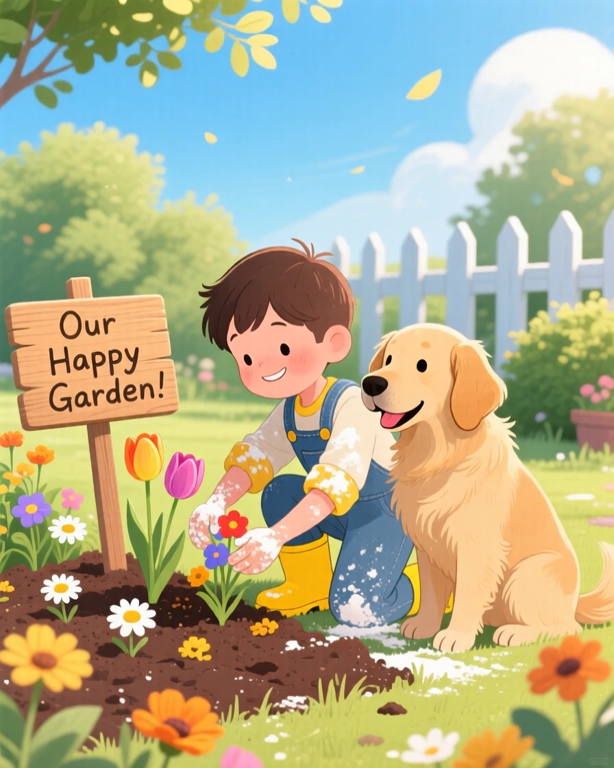 With a beloved family dog close by, a boy in rain boots is planting flowers in the garden, with flour dusting their sleeves.