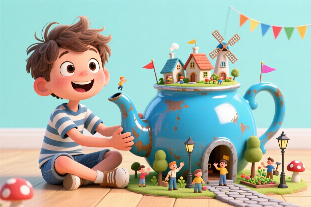 A boy picturing a tiny civilization living inside an old teapot.