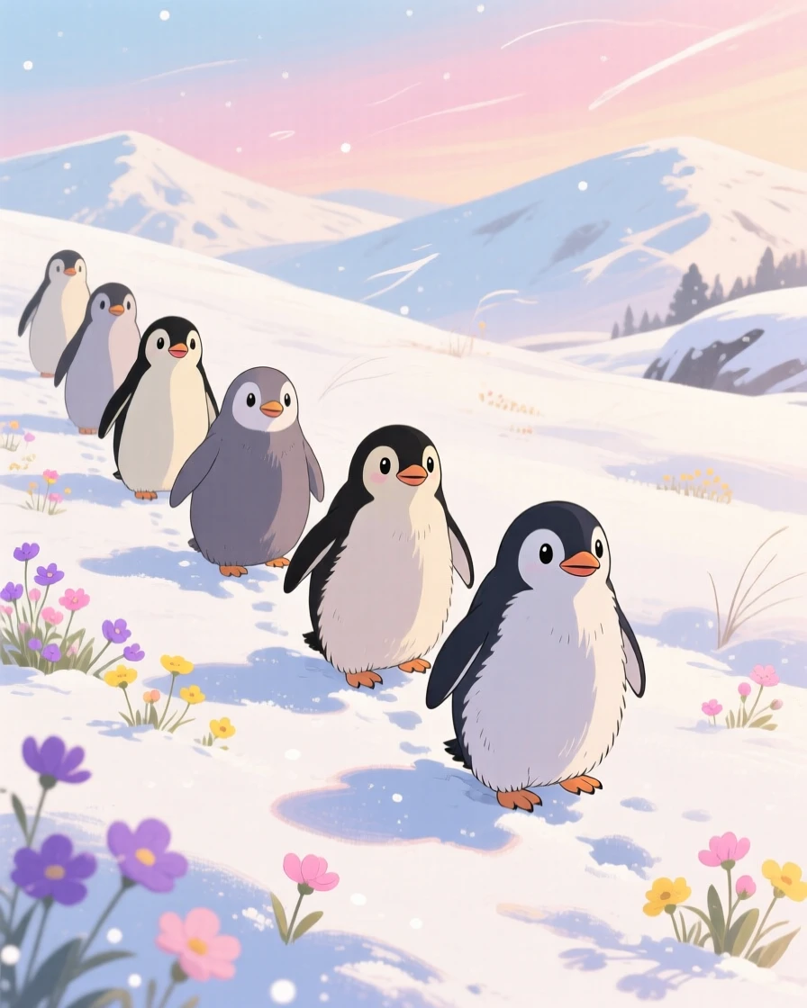 A group of penguins waddling across snow, surrounded by scattered wildflowers, radiating pure charm.