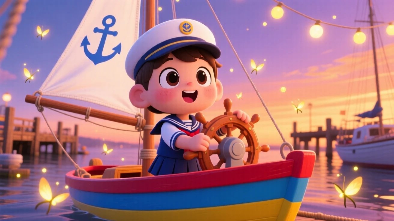In a sparkling harbor, a small sailor is steering a colorful sailboat as fireflies begin to glow at dusk, bathed in warm fairy-light glow, expression full of curious excitement. Shot as a worm's-eye view.