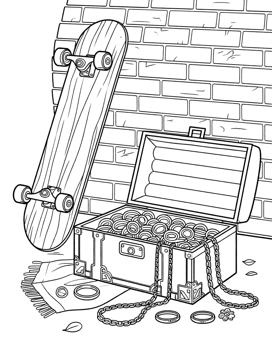 A jewelry box overflowing with rings, chains, and earrings, paired with a skateboard leaning against a brick wall.