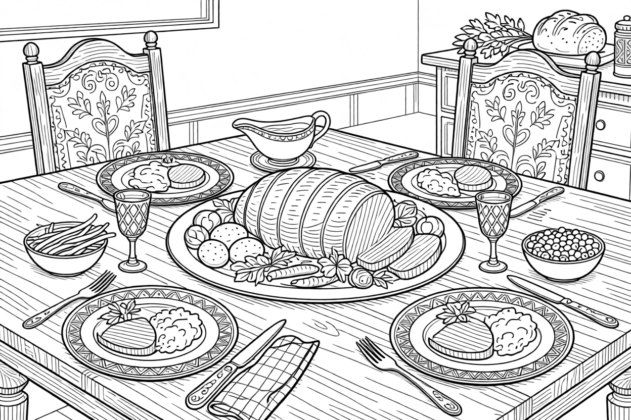 A cozy Sunday roast dinner scene with vegetables and gravy.