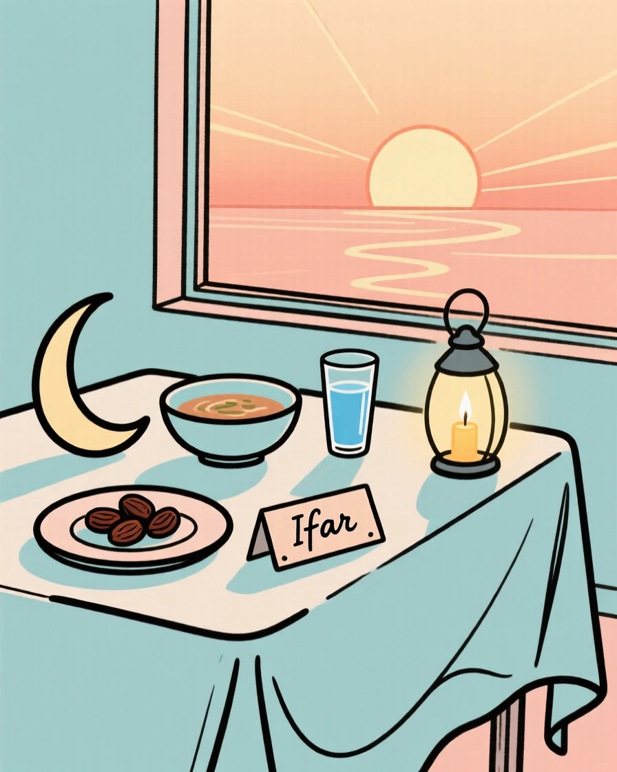 An iftar table set at sunset