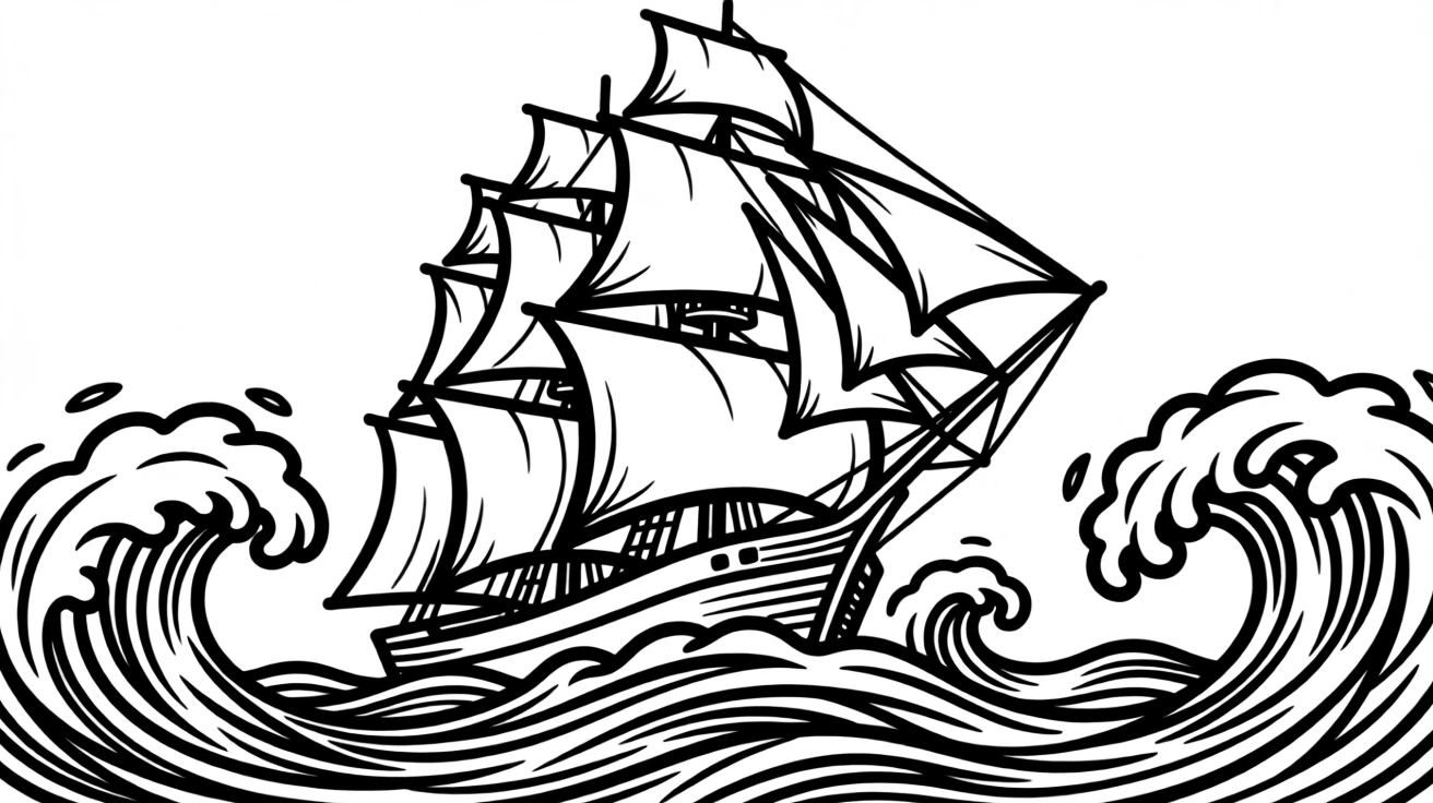 A tall ship with full sails navigating a dramatic stormy sea.