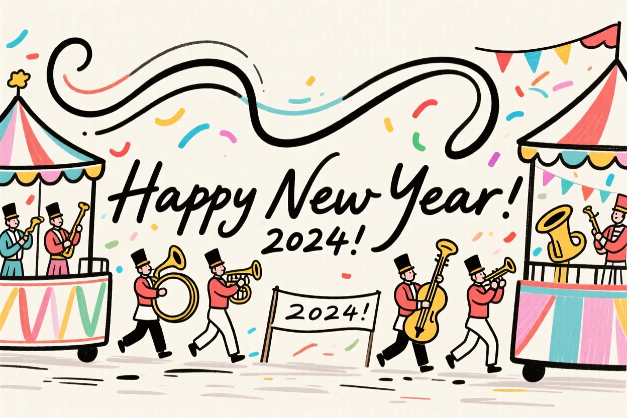A festive New Year's parade with floats and marching bands.