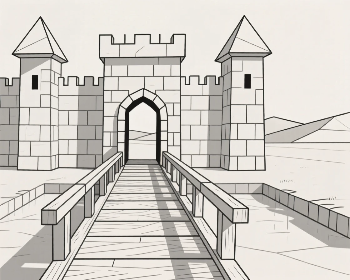 A medieval drawbridge leading into a stone fortress