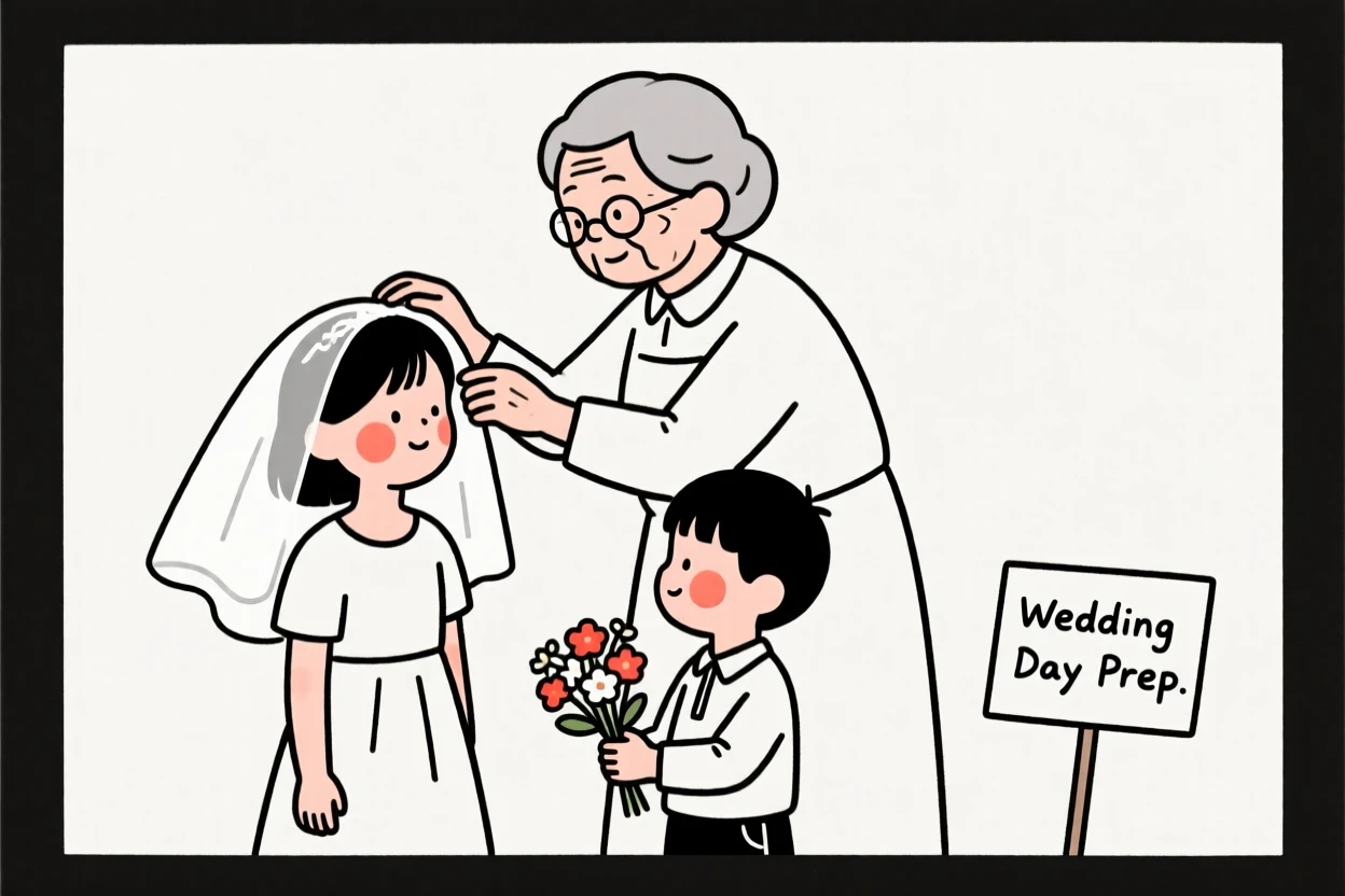 A grandmother and grandchildren preparing for a wedding day.