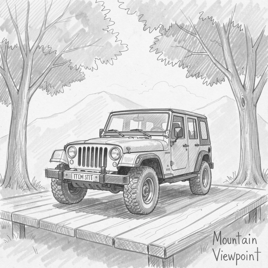 A striking scene of a rugged jeep parked at a mountain overlook under a canopy of autumn trees, with soft morning fog rolling through the scene.